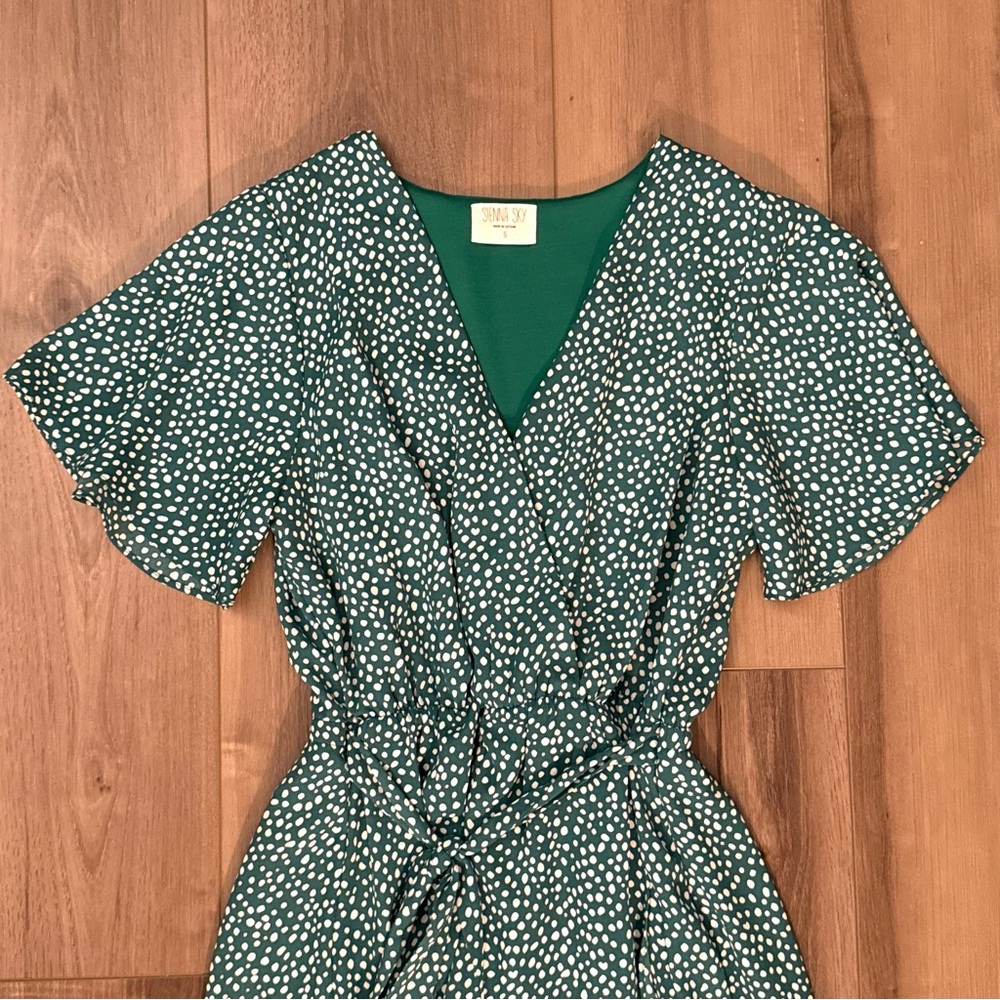 “Sienna Sky” Green and White Midi Polka Dot Dress